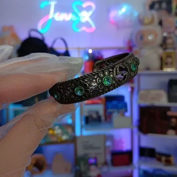 GUCCI Crystal Floral G Bangle 925 Silver Bracelet Green - Picture 4 of 14